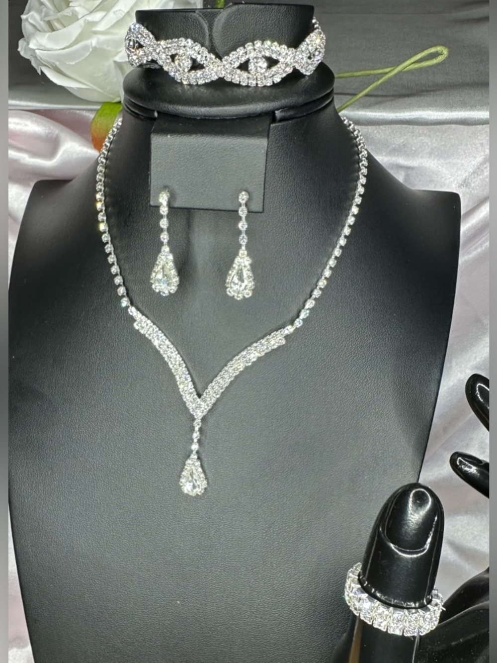 Rhinestone Bridal Jewelry Set Necklace Earrings Bracelet Ring Wedding Prom
